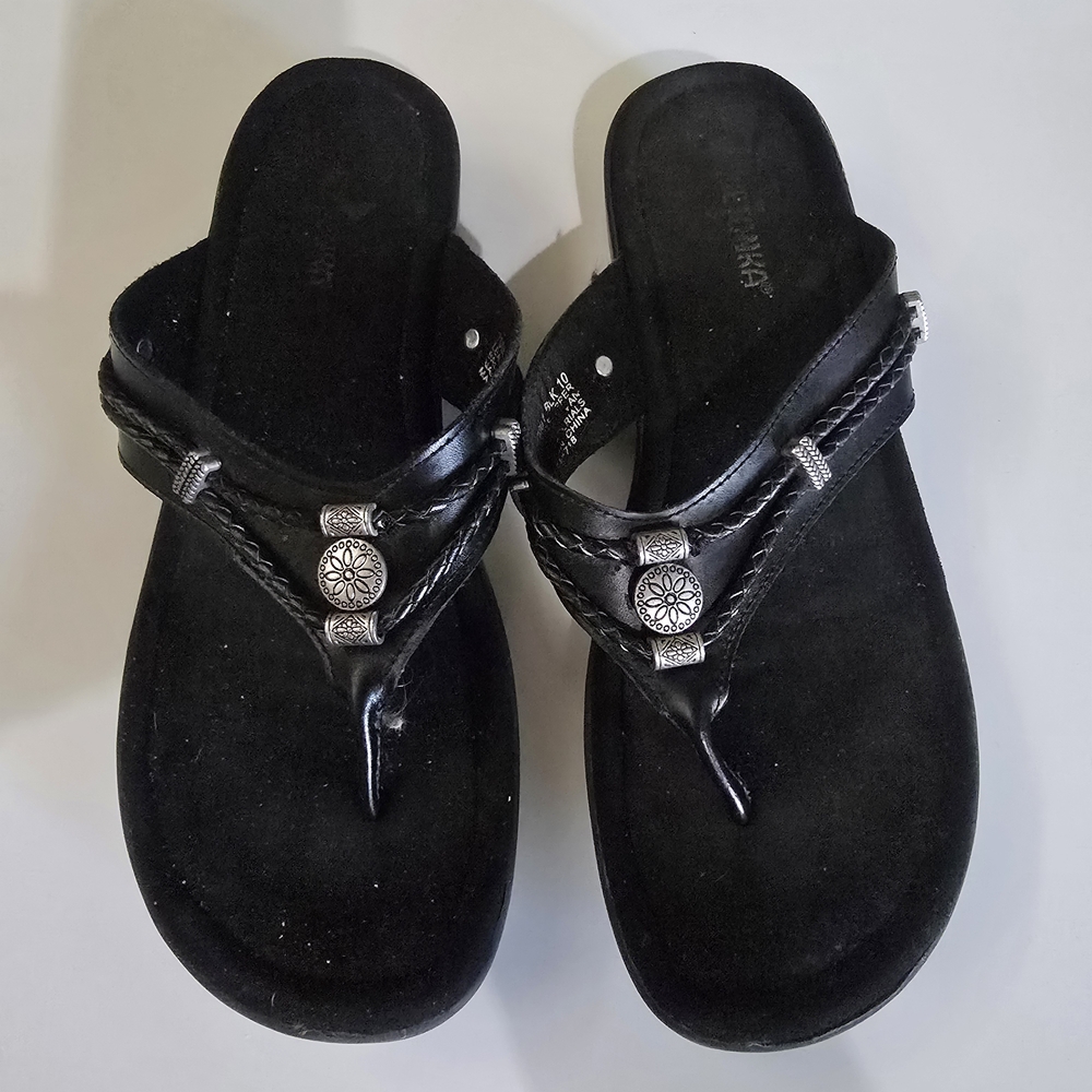 Minnetonka Black Sandals with Silver Embellishments